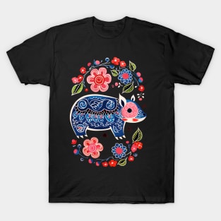 Polish Folk Art Design Cute Pig With Flowers T-Shirt